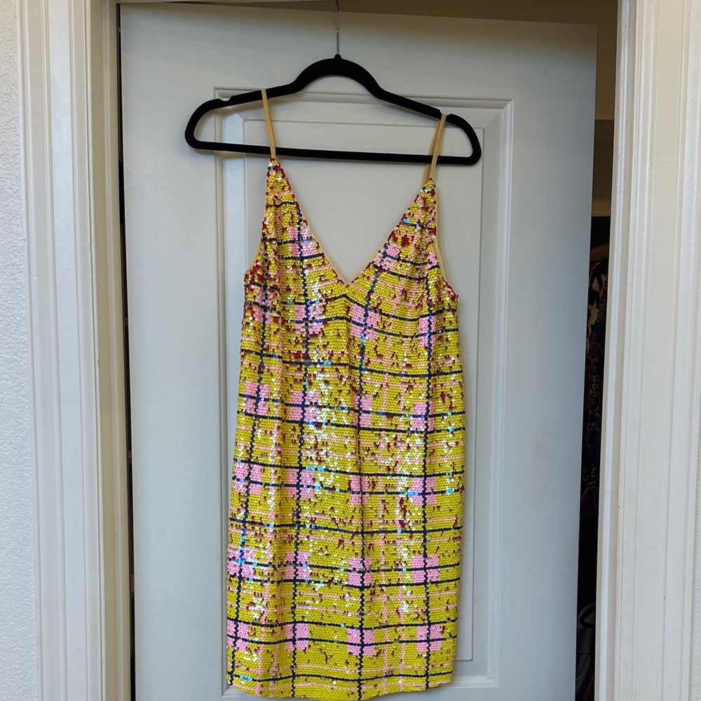 Buddy Love Yellow Sequin Mini Dress with Pink Grid Accents